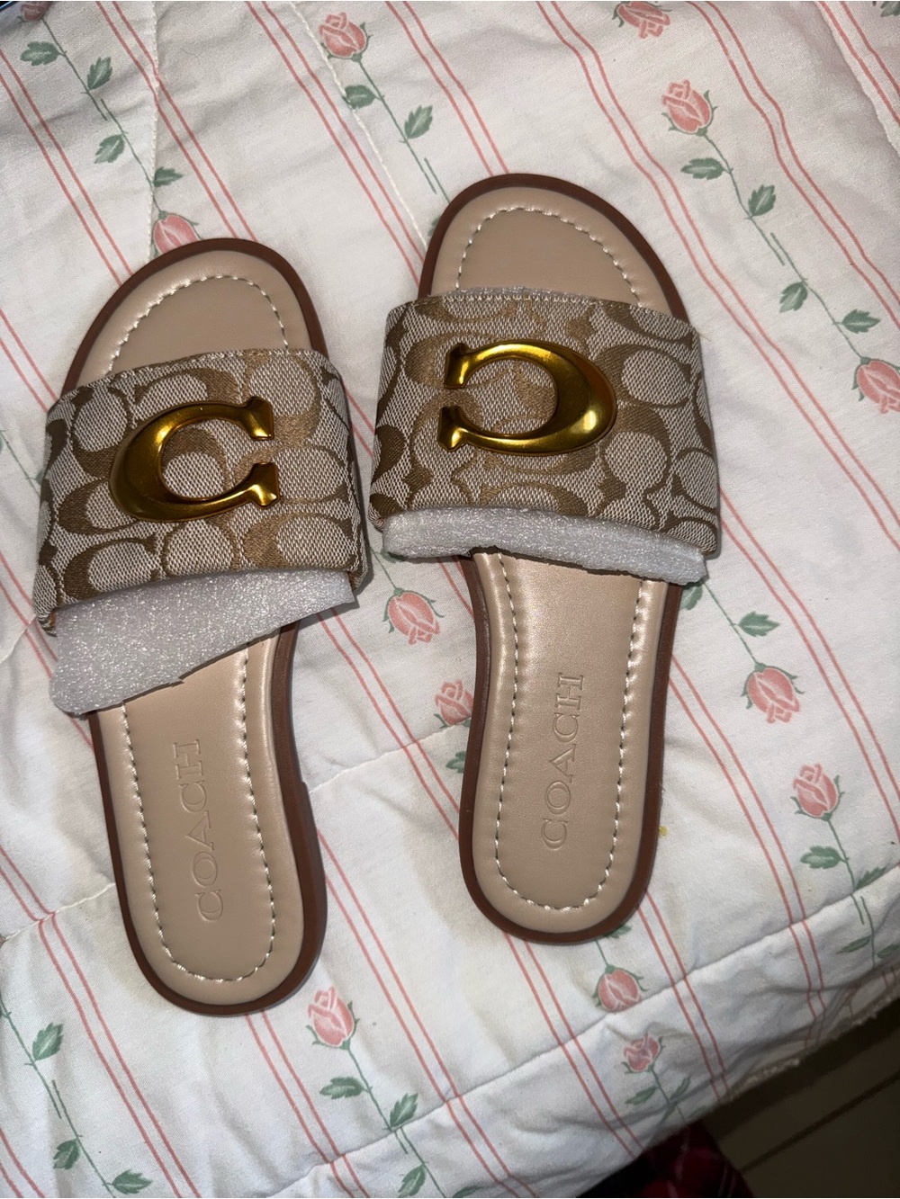 Coach Beige Signature Canvas Slide Sandals with Gold 'C' Accent